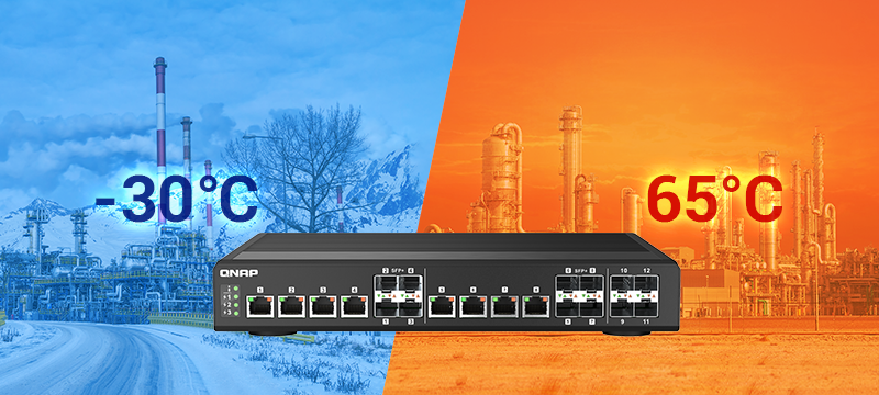 Switch manageable 10GbE QNAP 12 ports fanless : 4 ports 10GbE 10SFP+ et 8  Ports combo 10GbE SFP+/RJ45 (transceivers en options)